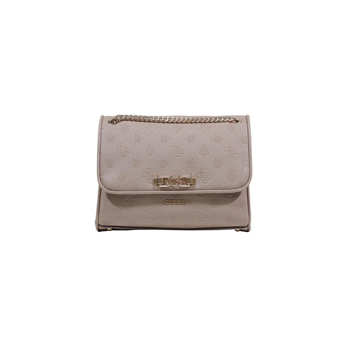 Borsa marrone Guess Anise Convertible con flap e logo in rilievo, tracolla a catena regolabile e chiusura a incastro, ideale per outfit eleganti. Figura frontale