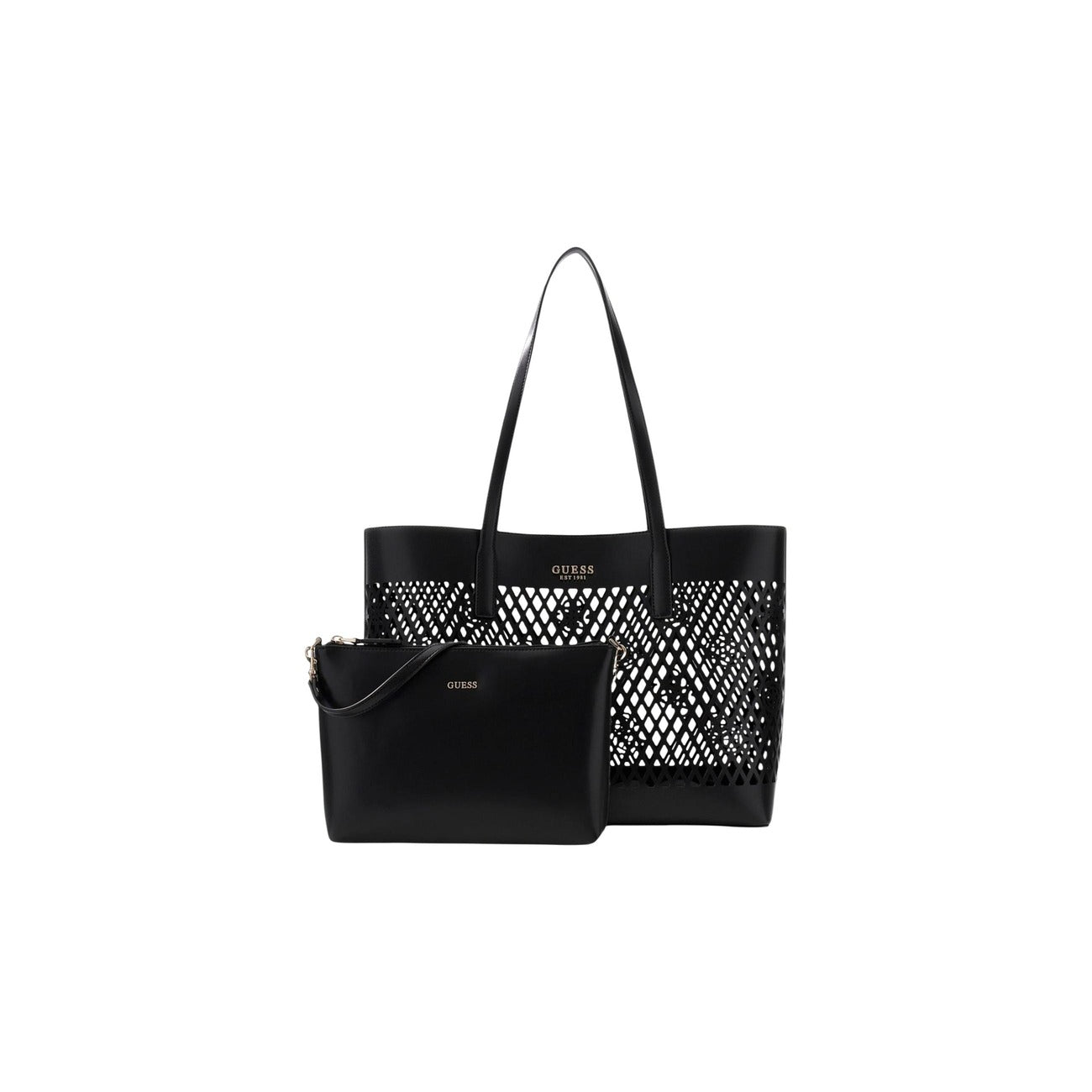 Guess Letty HWPG99 11750, mini tote traforata con pochette nera interna estraibile; doppia portabilità a mano o al braccio, logo iconico e design contemporaneo in 100% poliuretano. Vista frontale con pochette