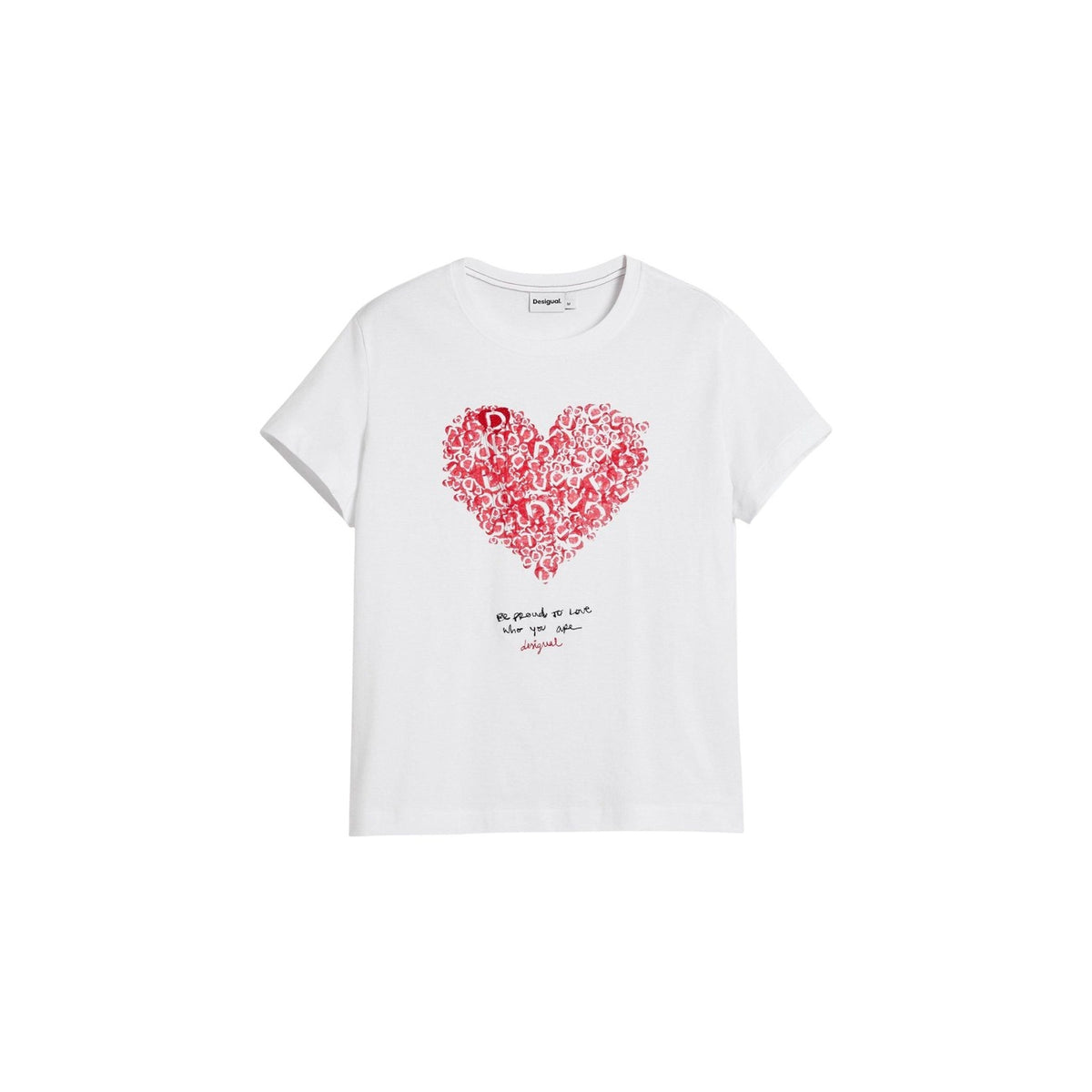 T-shirt Desigual donna bianca manica corta con cuore stampa scollo tondo - vista frontale stesa