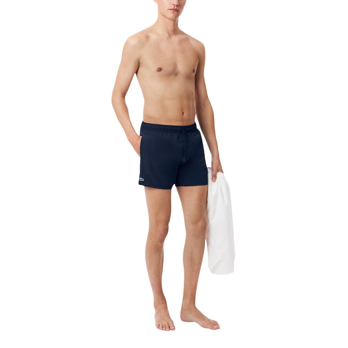 Costume da bagno uomo Lacoste modello quick-dry blu in poliestere con coulisse elastica e tasche anteriori