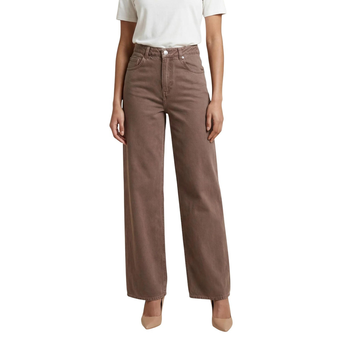 Pantaloni marroni Only Onltaylor-Silla Barrel Pnt, 100% cotone, vita alta e gamba ampia sagomata; design con tasche posteriori e vestibilità ampia per un look trendy e confortevole. Vista frontale