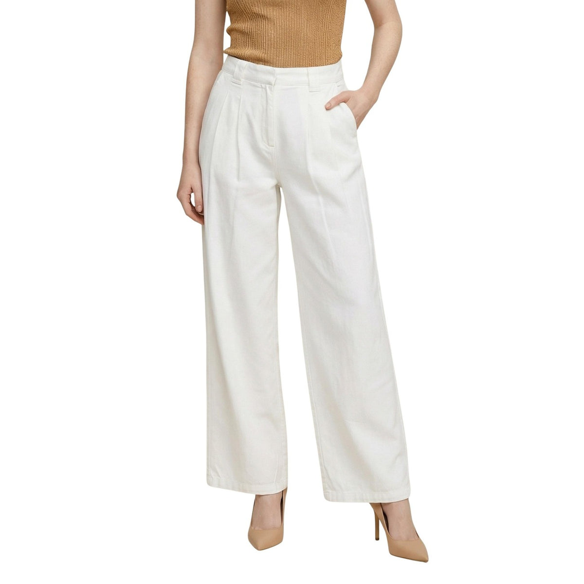Pantaloni wide leg donna Only; misto lino e viscosa, vita media con pinces, gamba ampia. Freschezza e stile sartoriale per l'estate. Colore panna vista frontale