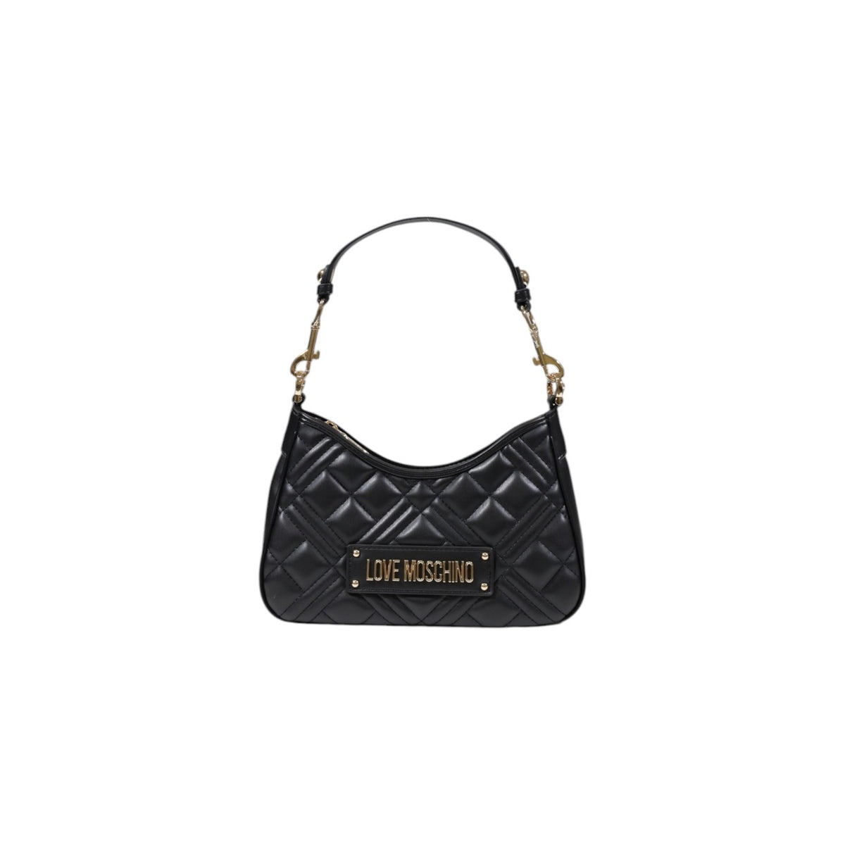 Borsa Love Moschino donna nera a spalla modello JC4152PP1M. Borsetta piccola trapuntata in ecopelle nera con manico a catena corta oro e placca logo stile casual chic, elegante e da sera.