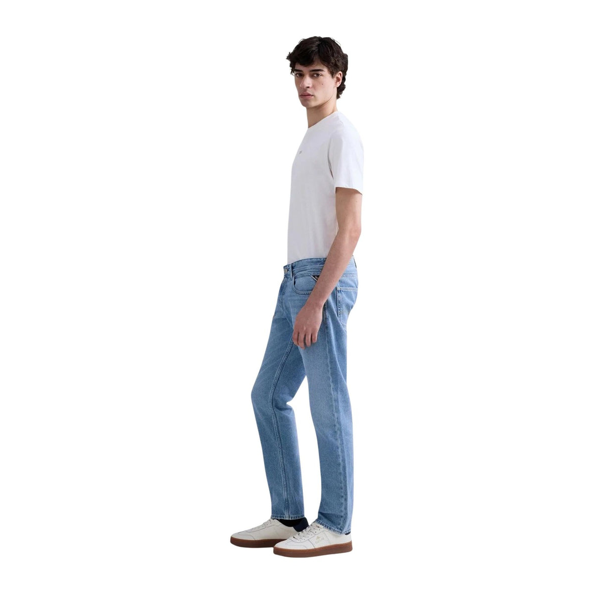 Jeans Replay uomo blu modello GROVER MA972. Pantaloni in denim regular loose comodi a cinque tasche in 100% cotone 4 stagioni stile casual e urban streetwear. Laterale
