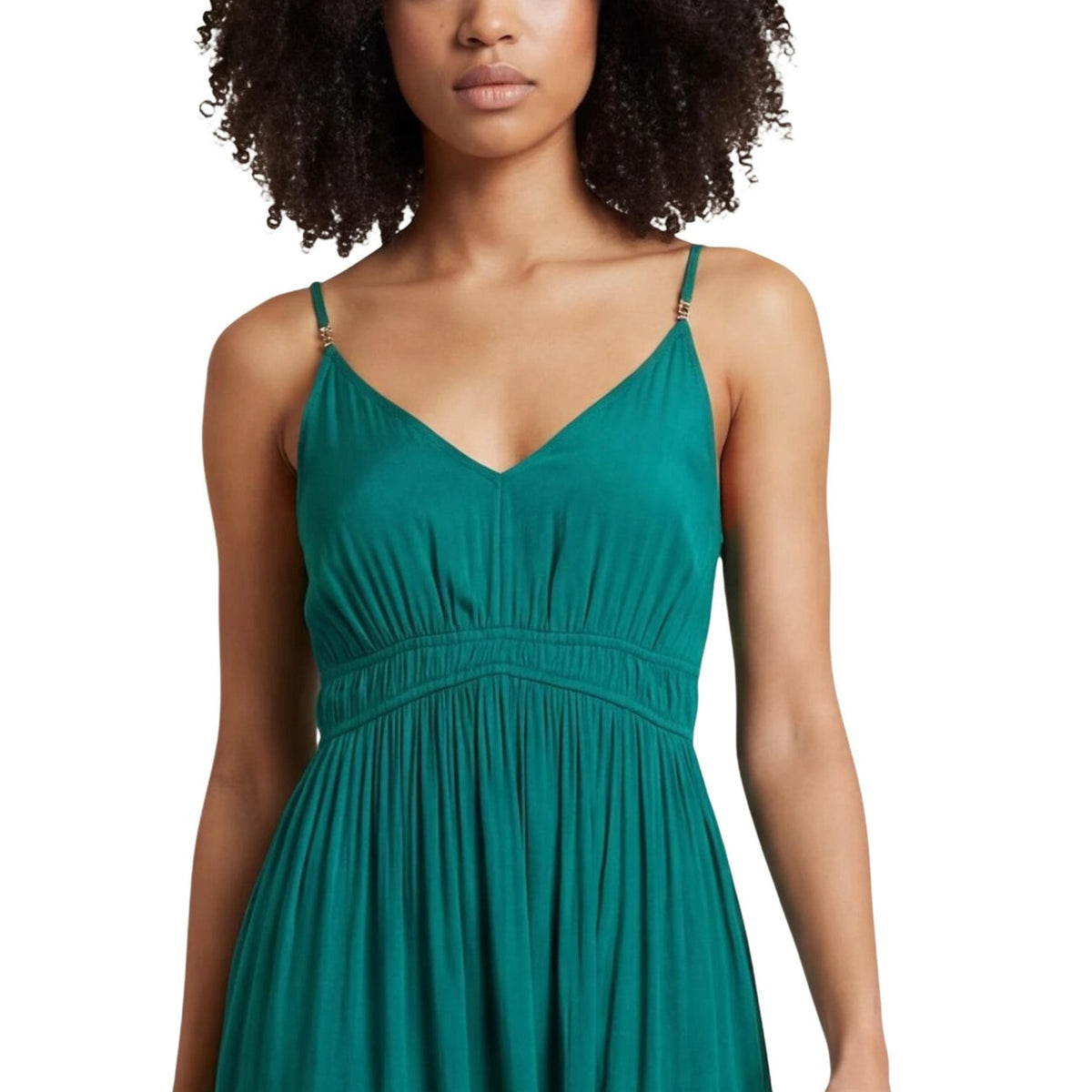Abito midi verde Morgan De Toi Roiya, 100% poliestere leggero, scollatura a V e spalline regolabili; vestibilità fluida e design senza tempo per eventi formali. Vista frontale Dettaglio scollo