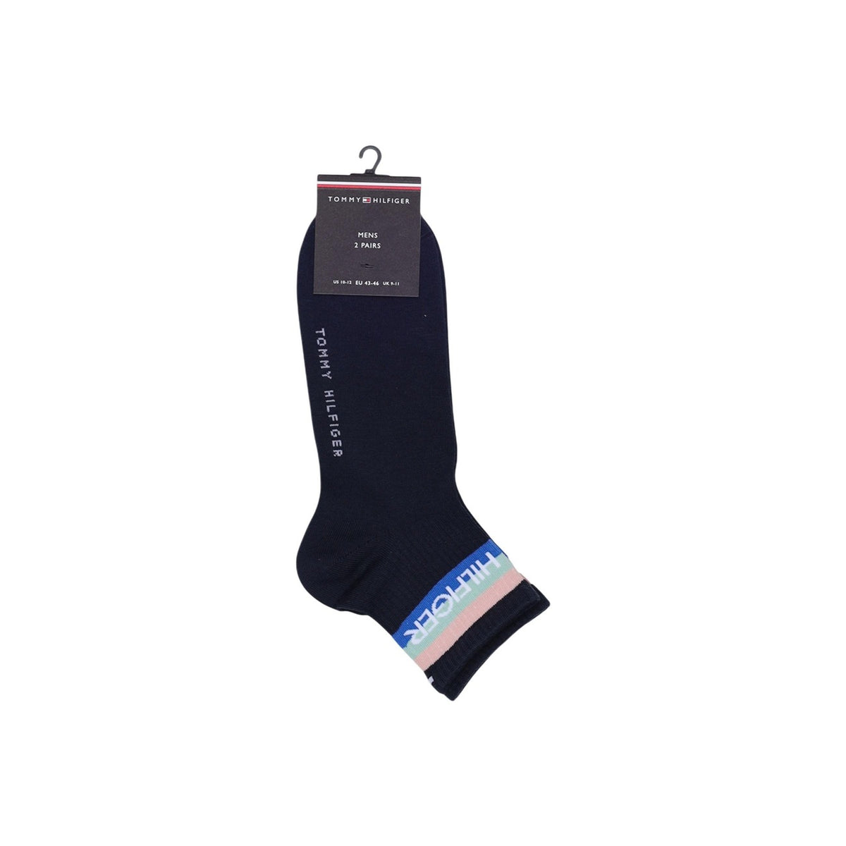 Calzini blu navy e bianco Tommy Hilfiger TH Men Quarter 2P Sport, misto cotone traspirante con logo ricamato e scritte distintive; pack da 2 paia con rinforzo su tallone e punta. Vista frontale