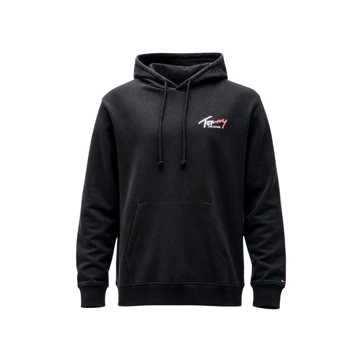 Felpa Nera Tommy Jeans; 100% Cotone Rigenerato. Cappuccio con coulisse, tasca a marsupio, logo ricamato. Morbida, sostenibile e versatile. Il must-have per la mezza stagione. Vista stesa frontale