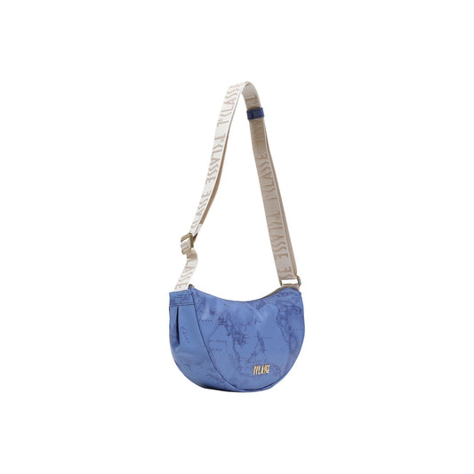 Borsa Alviero Martini Blu; Stampa Geo bicolore. Tracolla regolabile con logo, chiusura con cerniera, materiali resistenti. Dimensioni mini 17x6x6 cm. Accessorio versatile e contemporaneo per ogni stagione. Vista laterale frontale
