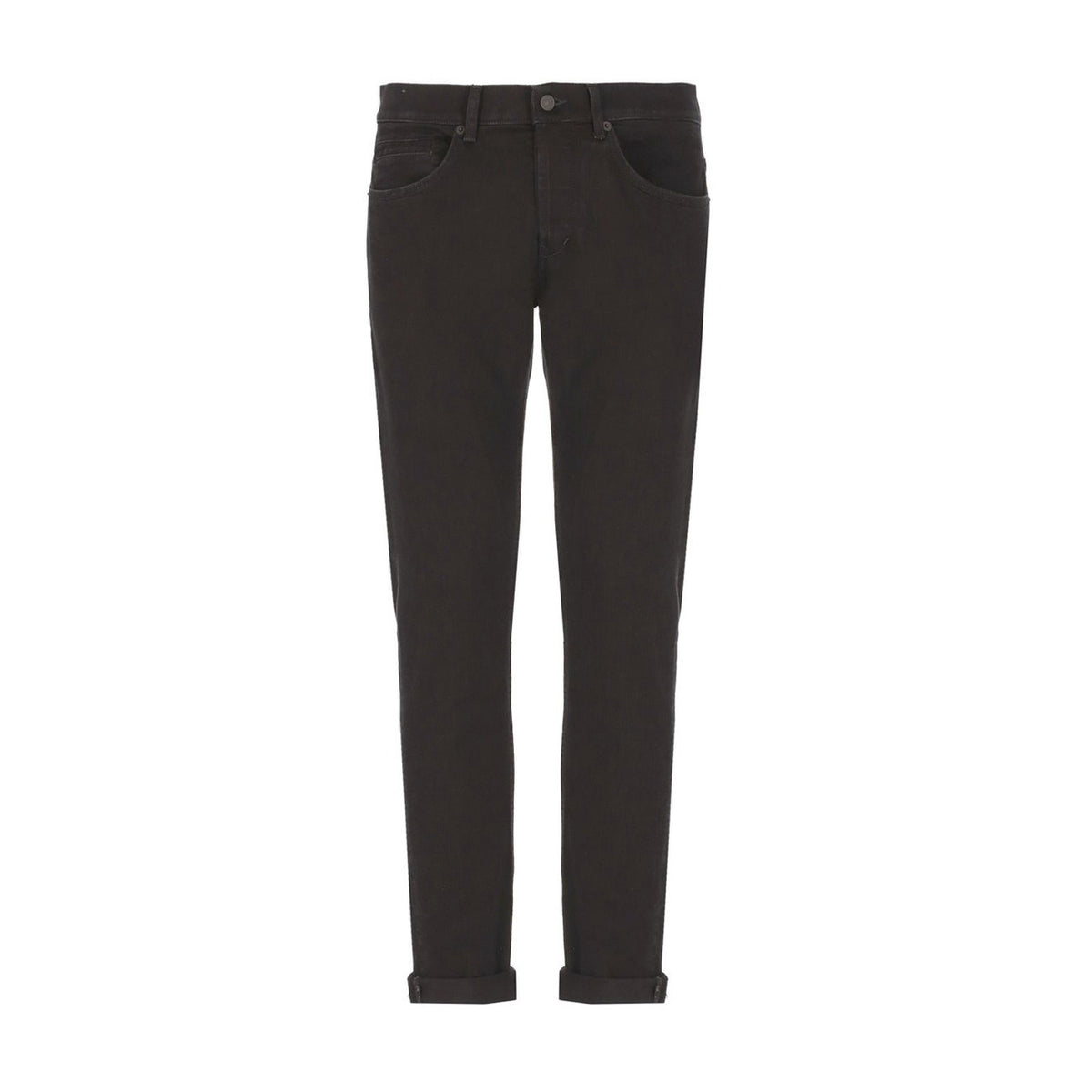 Dondup George Jeans Tapered Fit nero; 98% cotone e 2% elastan, vestibilità regolare affusolata alla caviglia, stile minimalista e comfort elevato. Vista frontale stesa