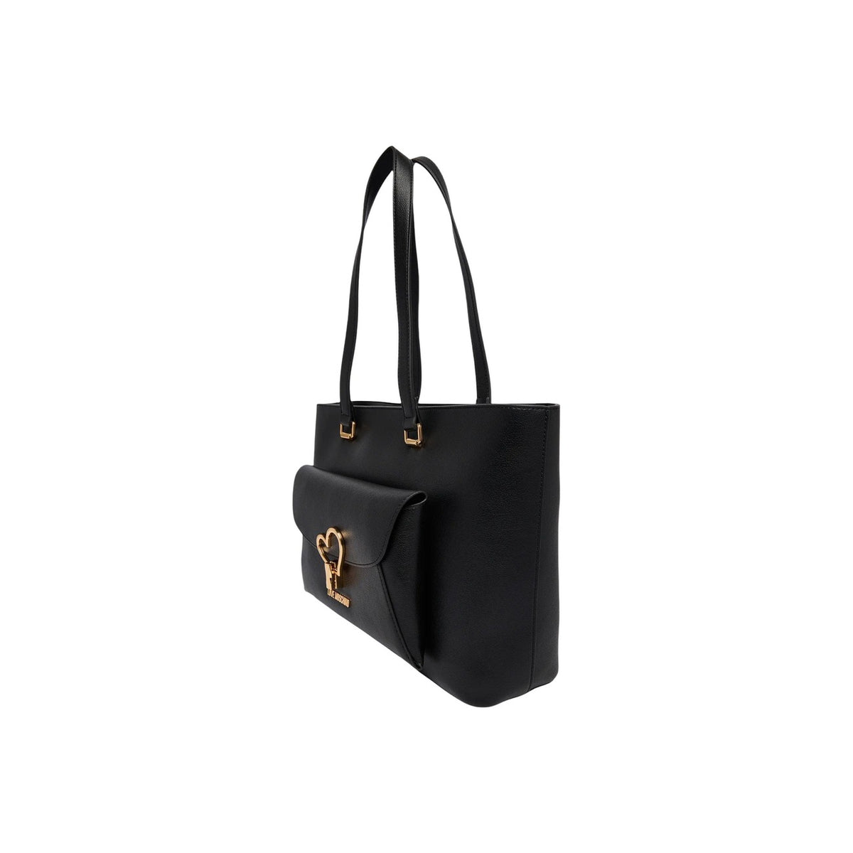 Borsa Love Moschino donna nera grande spalla modello JC4136PP1. Shopping bag shopper nera in ecopelle con tasca anteriore a patta, logo e placca a cuore in metallo dorato lucido, borsa giorno capiente per ufficio e università con chiusura a zip.