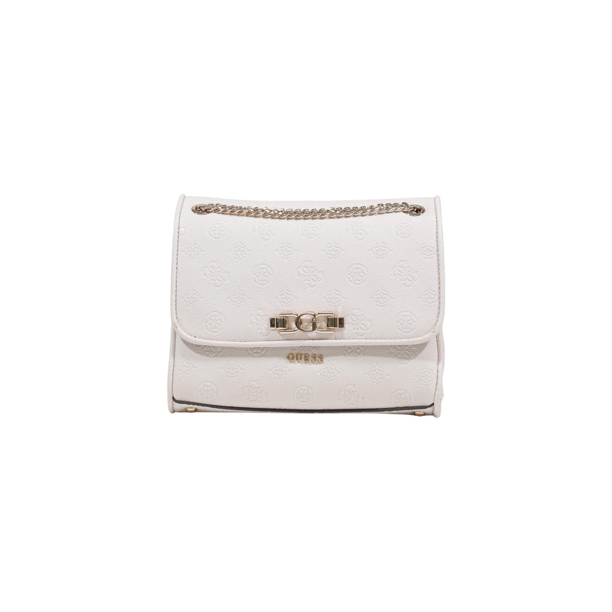 Borsa avorio Guess Anise Convertible con flap e logo in rilievo, tracolla a catena regolabile e chiusura a incastro, ideale per outfit eleganti. Figura frontale