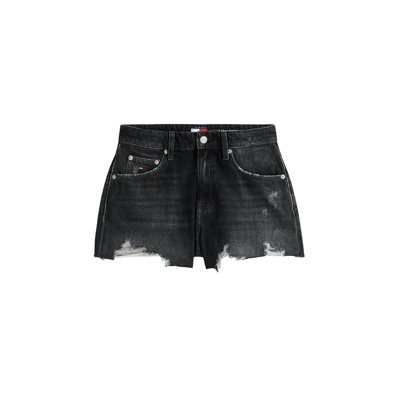 Tommy Hilfiger Jeans Shorts DW0DW22687; vita alta, cotone riciclato, orlo a taglio vivo, fit svasato. L'essenziale denim sostenibile per l'estate. Vista frontale stesa