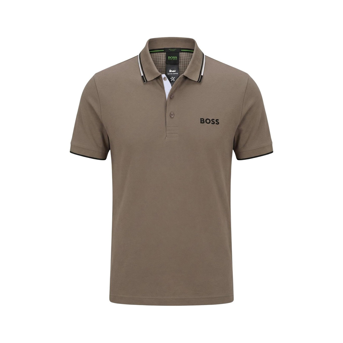 BOSS Polo 10226584; misto cotone-poliestere stretch, logo ricamato, colletto a contrasto. La polo versatile per uno stile casual-raffinato. Colore marrone vista frontale Stesa