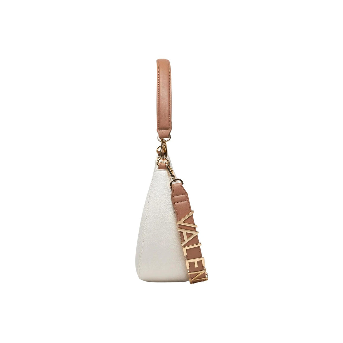 Valentino Bags Alexia Borsa a mano bianco/cuoio; struttura in poliuretano impermeabile con dettagli in metallo, volume 6 litri, stile sofisticato e versatile per ogni occasione quotidiana. Vista laterale tracolla con logo