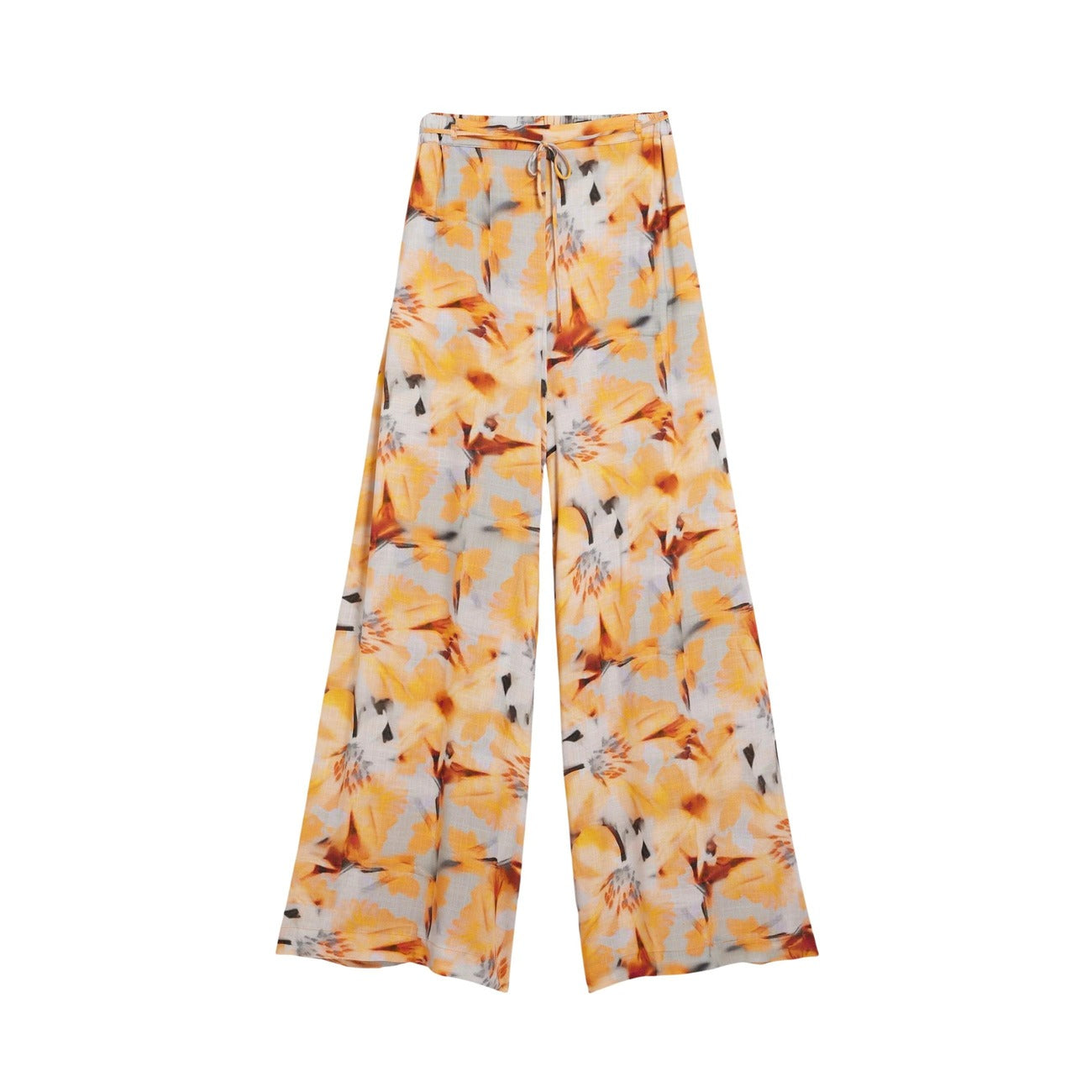 Pantaloni Desigual in viscosa ECOVERO™; stampa floreale, fit regolare, gamba ampia, vita elasticizzata. Eleganza estiva sostenibile. Vista frontale Stesa