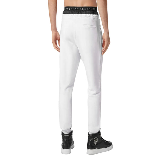 Pantaloni Philipp Plein uomo bianchi sportivi con logo zip e bottone - vista posteriore retro indossati da modello