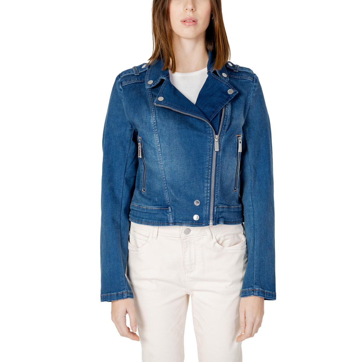 Morgan De Toi Giacca di Jeans Donna Blu Cerniera Laterale Maniche Lunghe Scollo Tondo Colletto Classico Tasche Anteriori Cotone Poliestere Primavera Estate 241-VAMMY