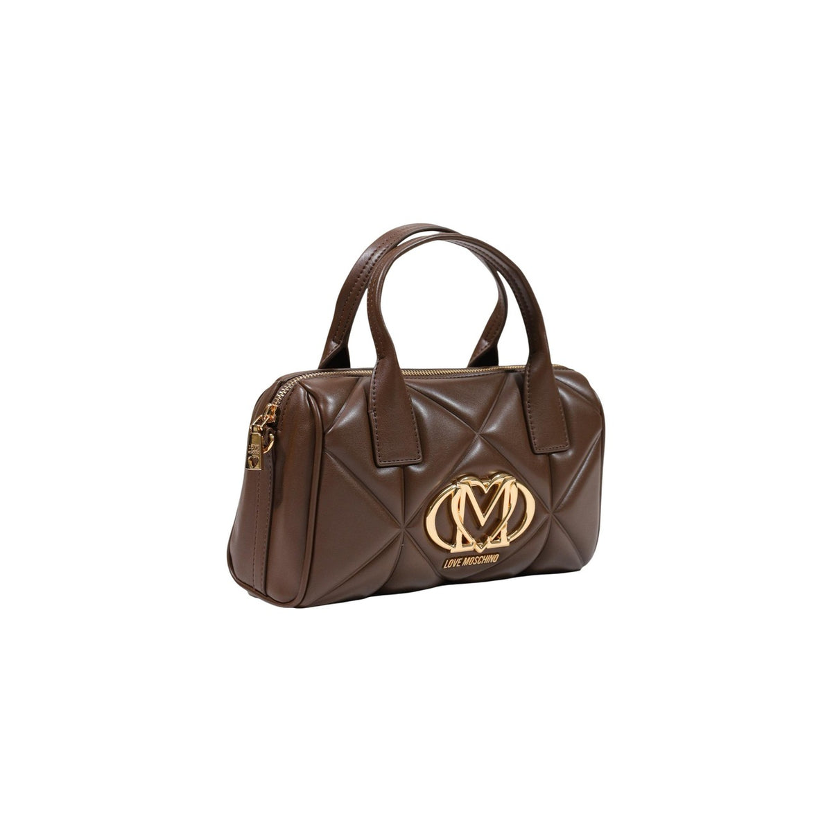 Borsa Love Moschino donna marrone a mano modello JC4034PP1. Bauletto medio nero trapuntato in ecopelle con doppi manici corti, logo metallico dorato con cuore e zip, stile elegante, chic e da giorno o sera.