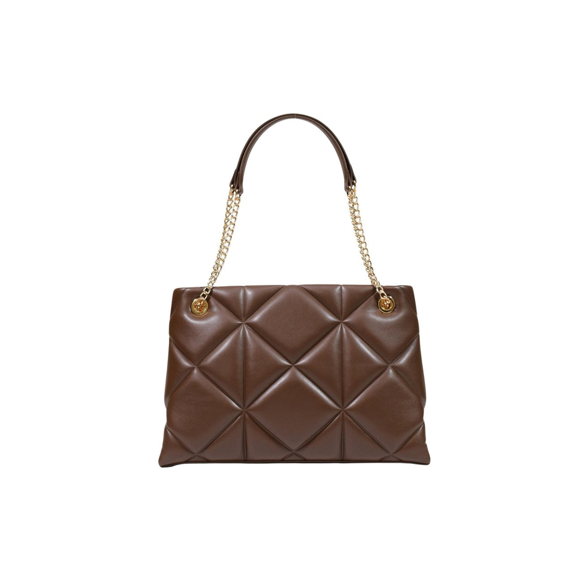 Borsa Love Moschino donna marrone a spalla modello JC4040PP1. Borsa grande trapuntata effetto pelle marrone cioccolato con manici a catena oro e cerniera stile casual chic, elegante e da giorno.