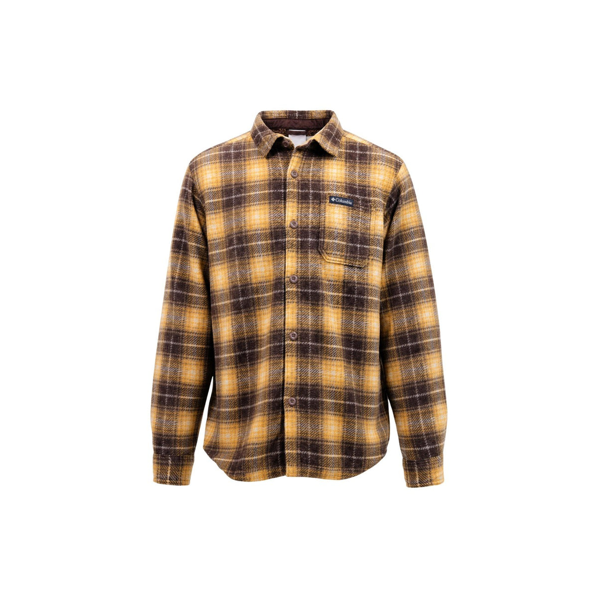 Giacca camicia Columbia uomo foderata 2173651. Over-shirt calda a quadri marrone e arancio Tobacco Bivy Plaid con chiusura a bottoni, tasca pettorale e tasche laterali, abbigliamento urban outdoor mezza stagione.