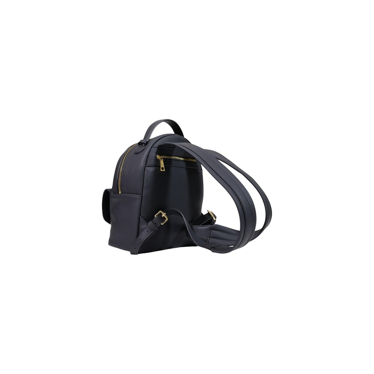 Zainetto Love Moschino donna nero modello JC4088PP1. Zaino piccolo da città effetto pelle nera con grande scritta LOVE in metallo oro sulla tasca davanti e cerniere dorate, stile glamour, urban e casual chic.