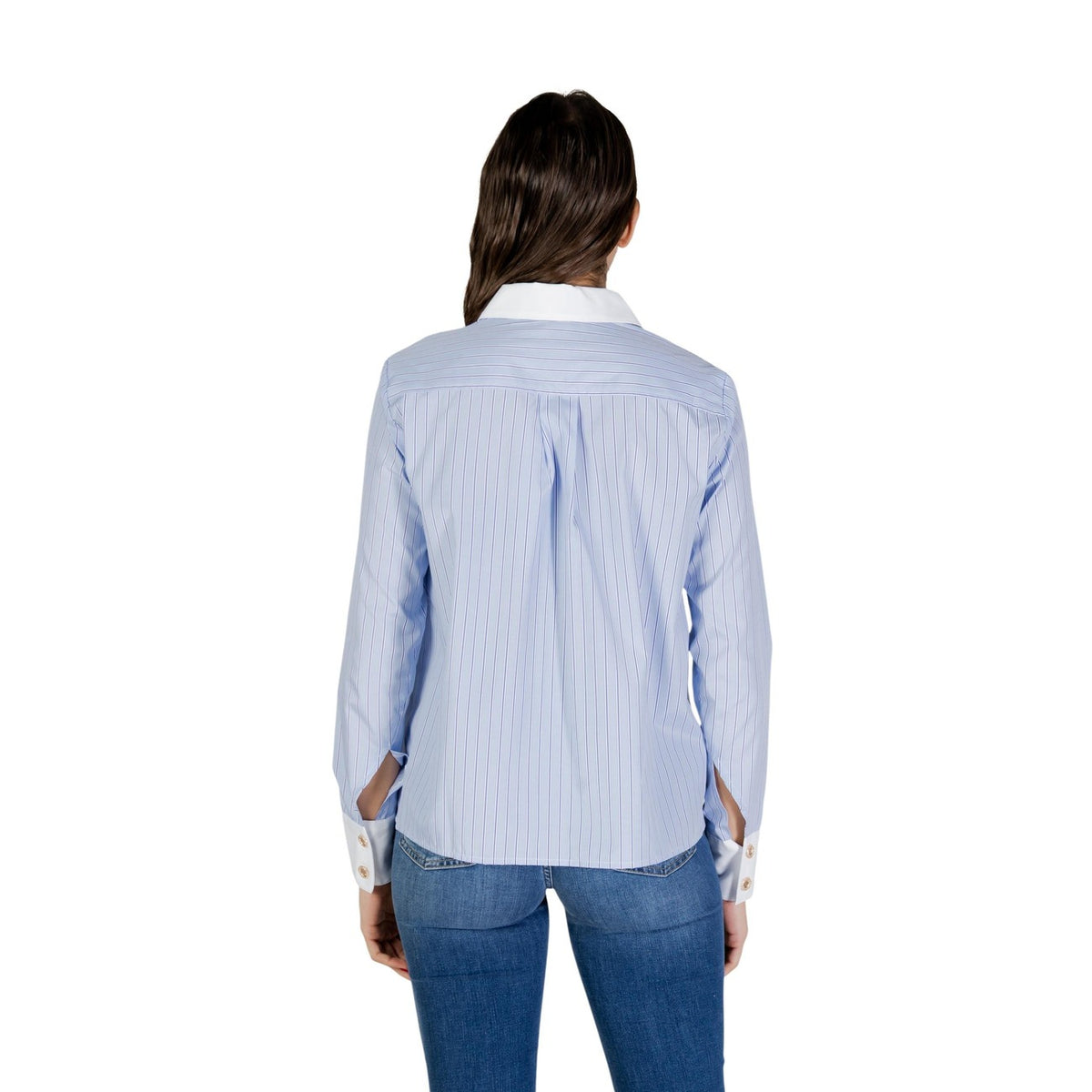 Camicia Morgan De Toi donna azzurro gessato con bottoni maniche lunghe - vista posteriore retro indossata da modello