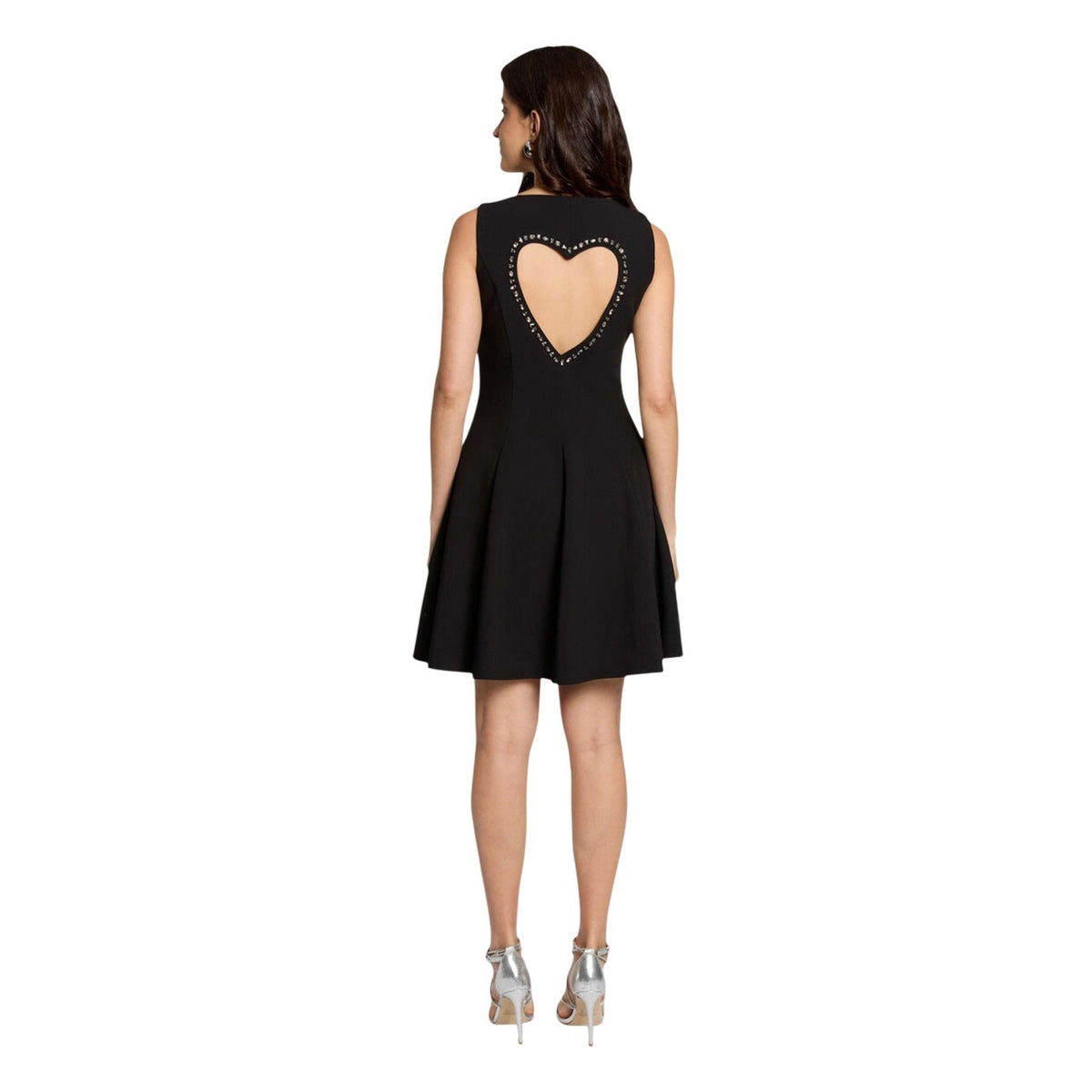 Vestito nero svasato Morgan De Toi con scollo a V e inserto trasparente, vestibilità midi senza maniche in misto viscosa elasticizzata. Vista posteriore dettaglio cuore schiena