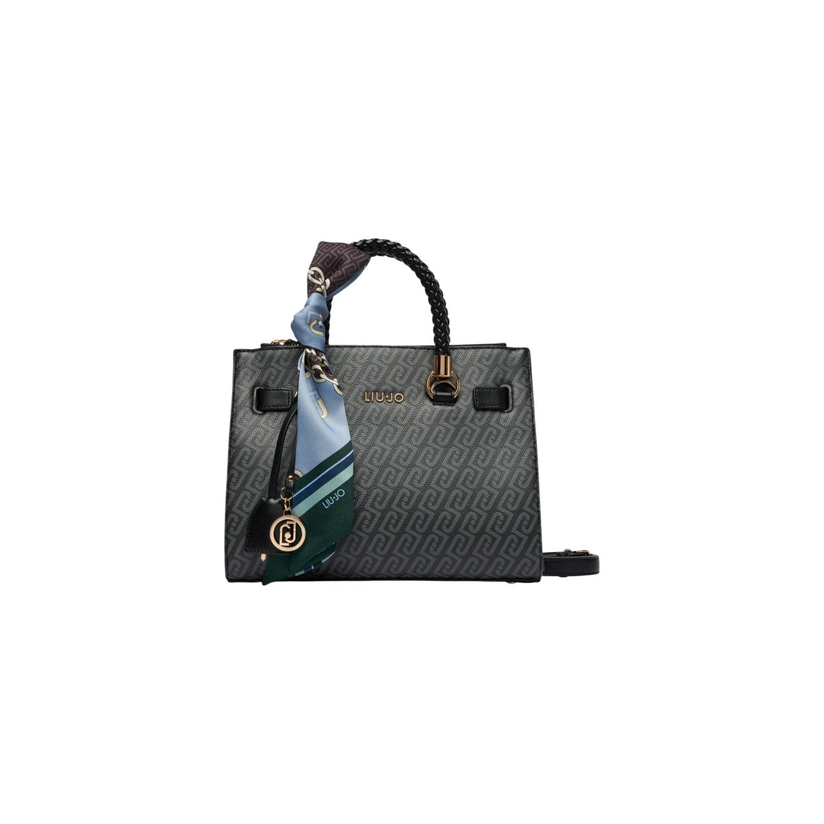 Borsa bauletto Liu-Jo nero monogram AF6069 E1137. Bauletto da donna in ecopelle con stampa logo monogram, foulard decorativo, manici intrecciati, tracolla staccabile e chiusura zip, borsa casual chic e business 4 stagioni.