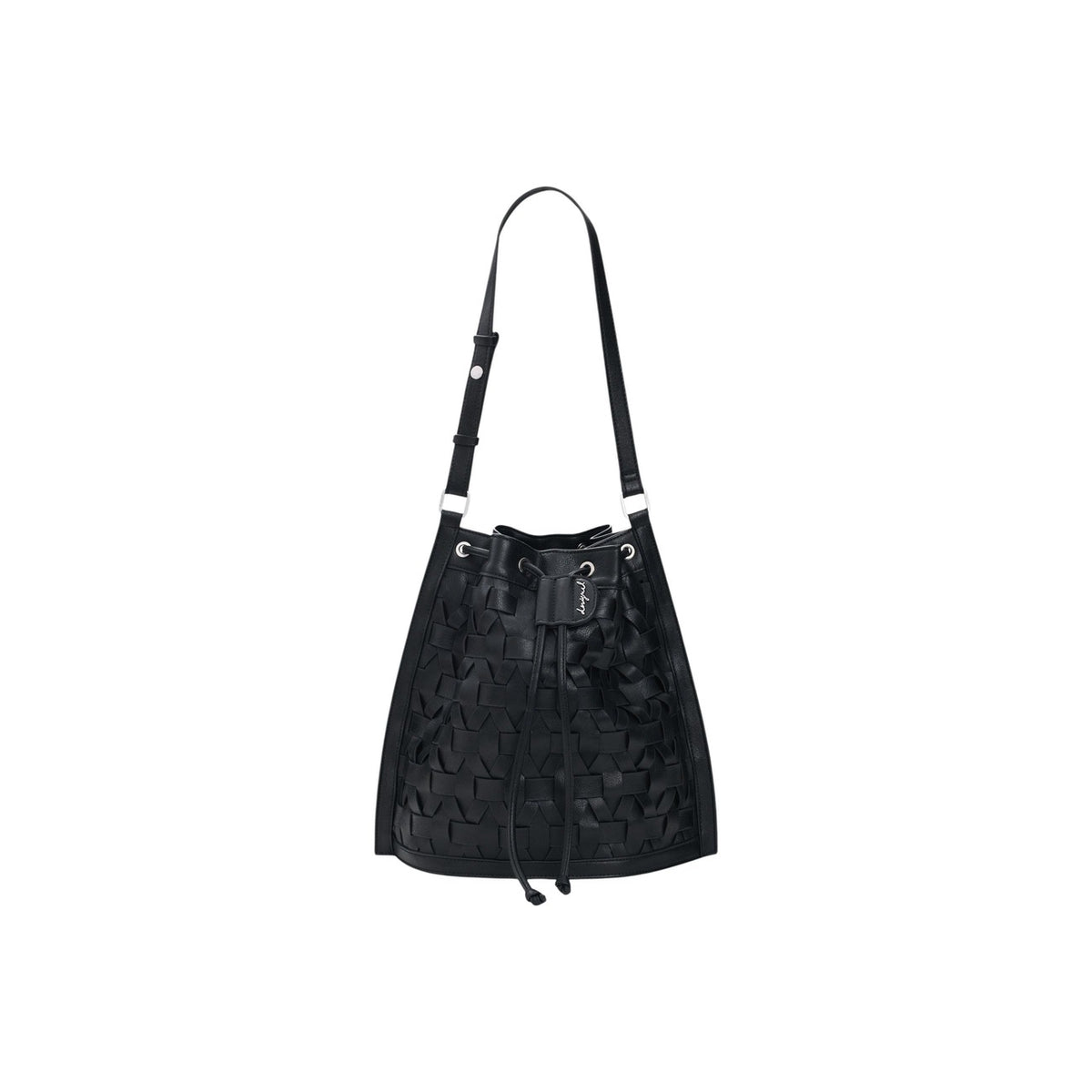 Borsa sacco patchwork; poliuretano riciclato, colore nero, chiusura a cordoncino. Manico unico lungo, design con patch decorativi, materiale eco-friendly. Vista frontale