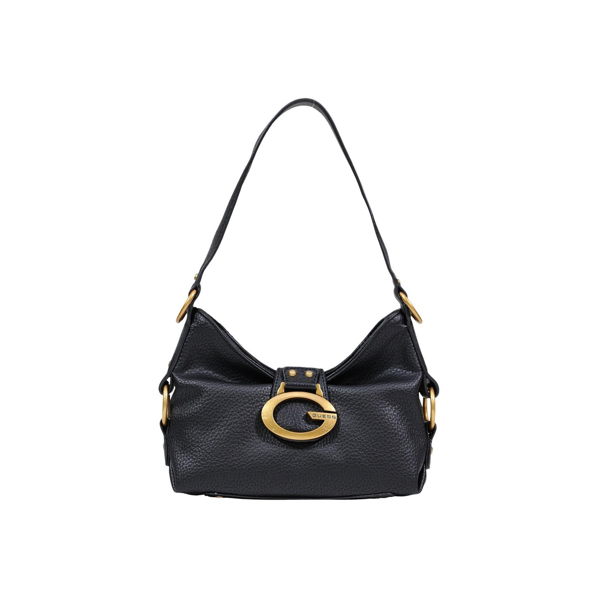 borsa a spalla Guess Camden in similpelle martellata nera. Realizzata in 100% poliuretano con effetto pelle martellata. Vista frontale
