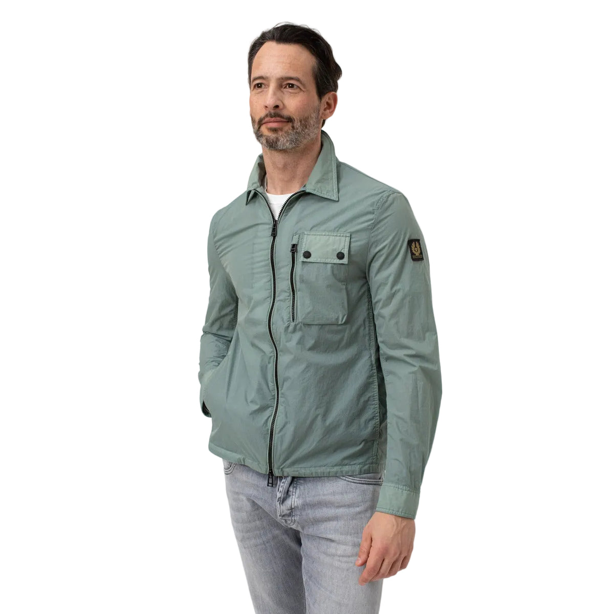 Giubbino Belstaff verde RAIL OVERSHIRT STEEL GREEN. poliammide : 100% Vista frontale indossato da modello