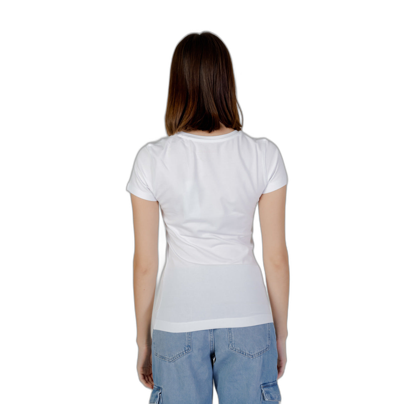 t-shirt Guess Triangle in cotone bianco puro con una grafica a triangolo glitter rosa. Vista posteriore