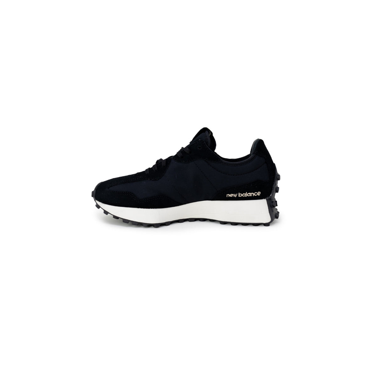 sneaker New Balance 327 da donna in pelle scamosciata e nylon, di colore nero con logo N laterale con stampa animalier leopardata Vista laterale