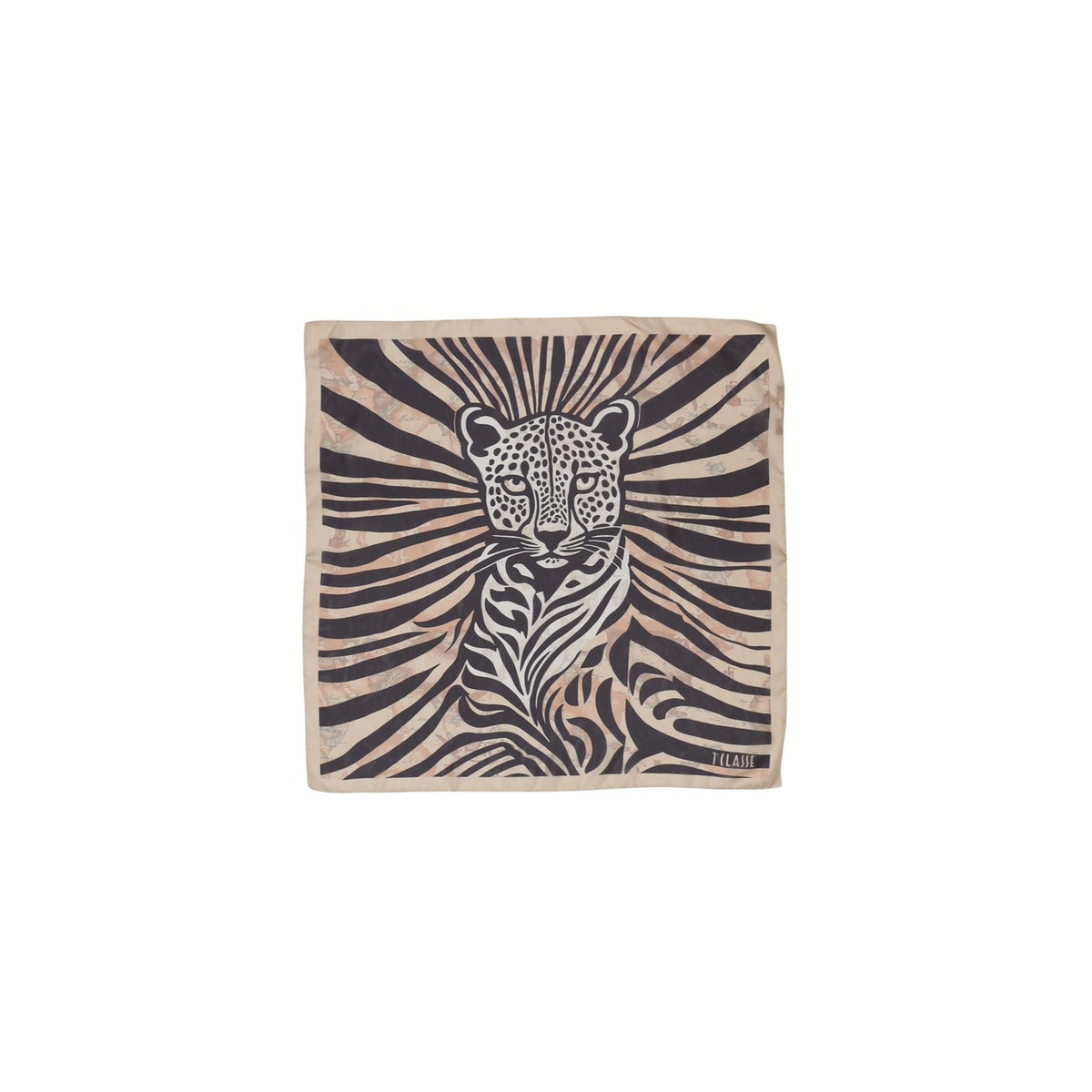 Alviero Martini F122 1828 Foulard; stampa leopardo stilizzato, 100% poliestere. L'accessorio grintoso e originale della linea Prima Classe. Dettaglio leopardo
