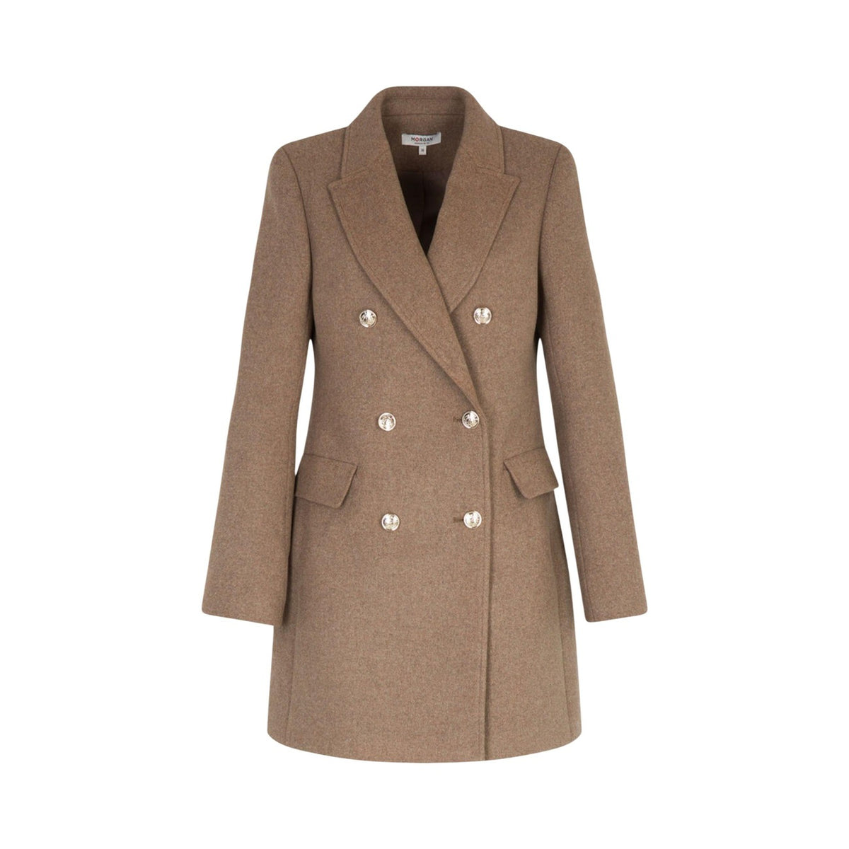 Cappotto Morgan De Toi donna Taupe 252-GCHA. Cappotto lungo elegante foderato in misto lana, abbottonatura doppiopetto con bottoni in metallo, collo a rever ampio e vestibilità dritto-regolare per l'inverno.