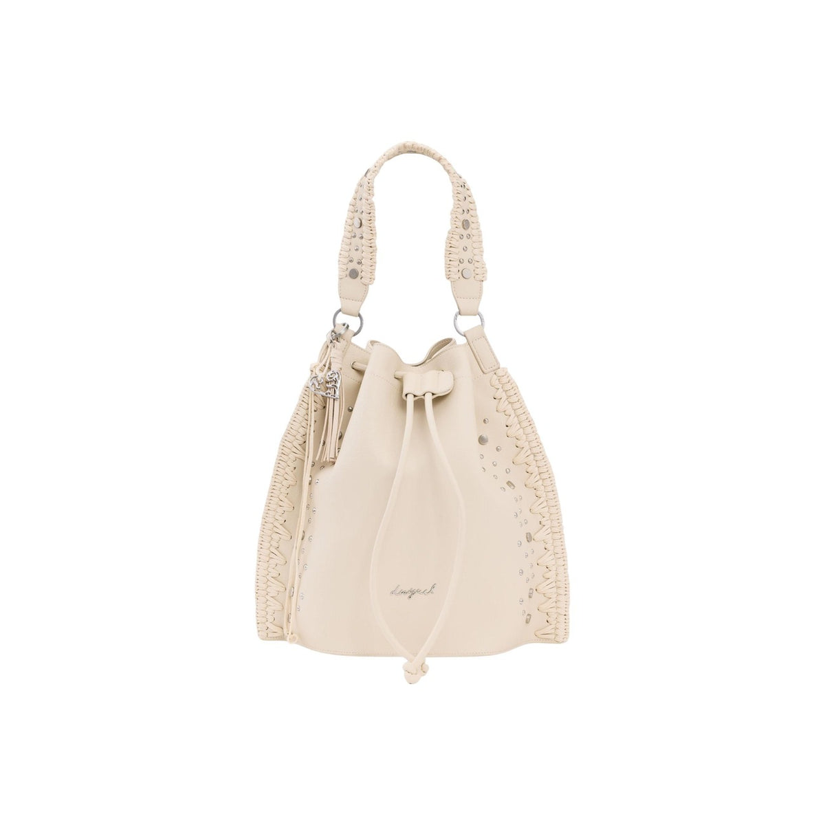 Zaino ecopelle grezzo; ricami laterali, chiusura a coulisse, manico lungo spalla. Dettagli metallici, 100% poliuretano, stile urban-boho. Vista frontale