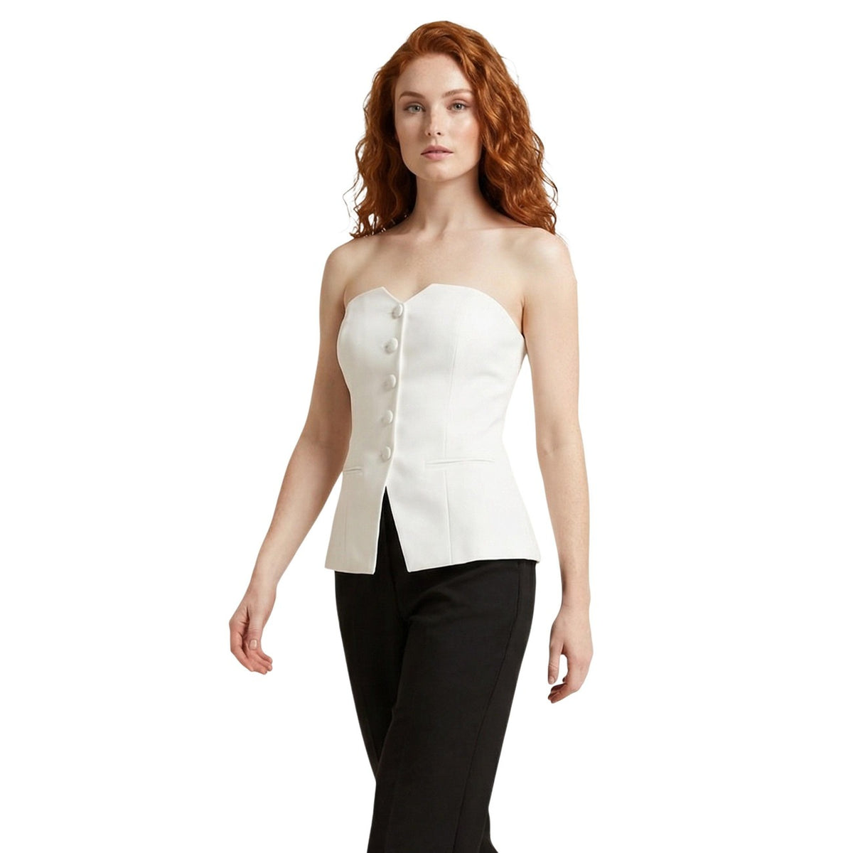 Bustier Morgan De Toi Cpana; poliestere riciclato e viscosa, senza spalline. Bottoni tono su tono, spacco centrale, taglio sagomato stretch. Stile sofisticato e versatile, design eco-friendly. Colore bianco vista frontale
