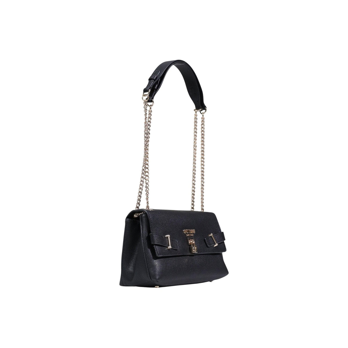 Borsa Guess Yesba Convertible Xbody; 100% Poliuretano. Chiusura con patta e fibbia, dettagli metallici, tracolla removibile. Borsa media elegante, versatile e sicura. Colore nero. Vista frontale Con tracolla