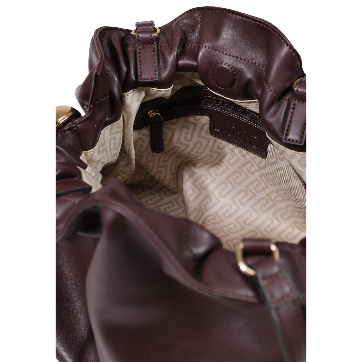 Borsa shopping Liu Jo viola AF6098 E1065. Shopping bag grande da donna in ecopelle drappeggiata con manici lunghi a spalla, logo metallico oro e chiusura zip, borsa capiente da lavoro e tempo libero 4 stagioni.