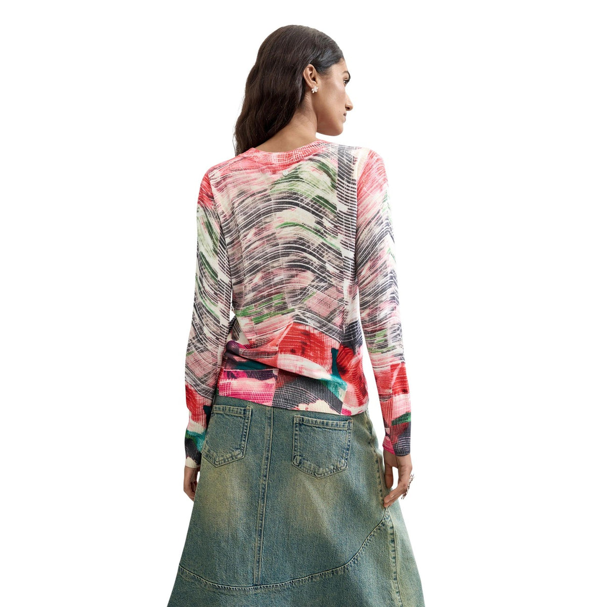Maglione Desigual donna rosso stampato modello JERS_GLITCH. Maglia fine leggera da donna con grafica astratta multicolore e girocollo stile casual, artistico e urban chic.