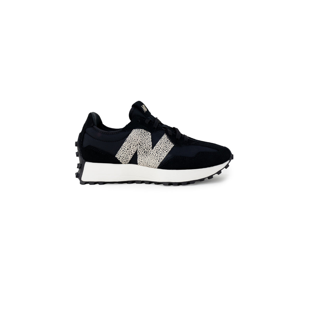sneaker New Balance 327 da donna in pelle scamosciata e nylon, di colore nero con logo N laterale con stampa animalier leopardata