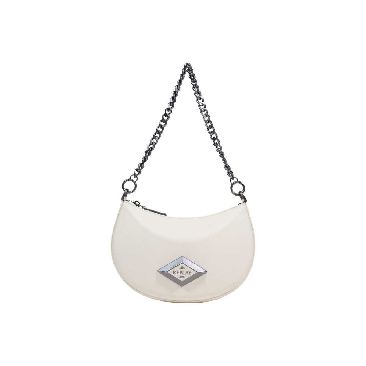 Mini Bag Replay Bianca; Forma a mezzaluna. Manico a catena, chiusura con zip, logo metallico. Dimensioni mini 15x6x5 cm. Borsa a spalla leggera e moderna, ideale per la mezza stagione. Vista frontale
