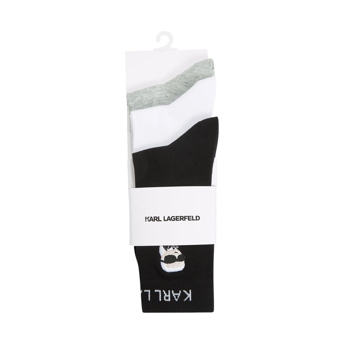 Set 3 Paia Calzini Ikon; 70% Cotone. Lunghezza media, toppa grafica, logo alla caviglia. Calze stretch traspiranti e resistenti per outfit casual 2026. Grigio-nero-bianco Vista frontale
