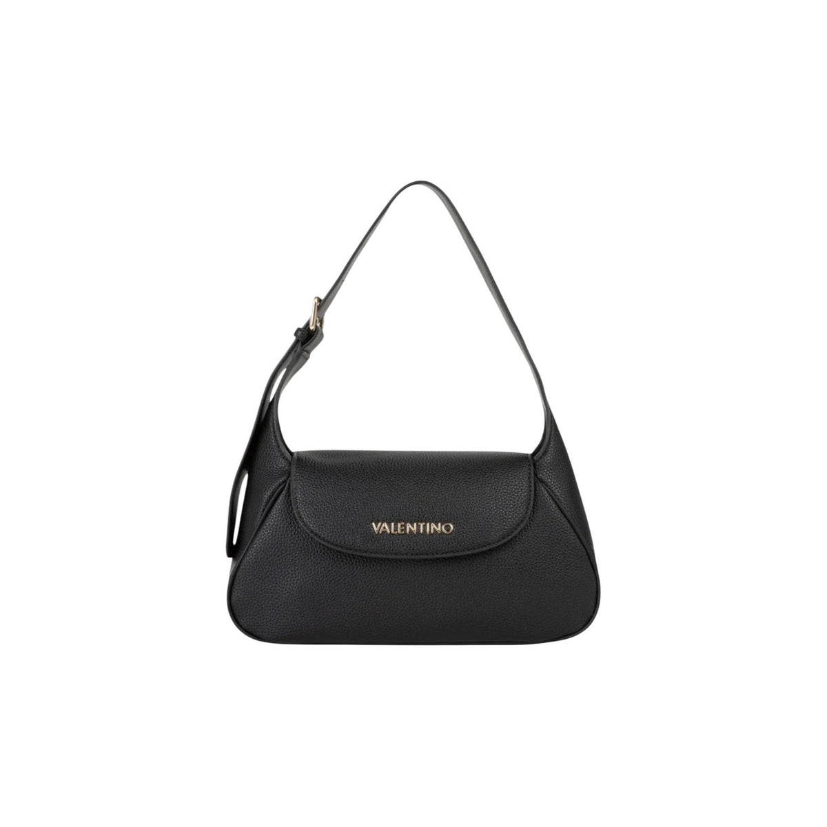 Flap Bag nera Valentino Bags Daphne RE, superficie testurizzata, logo gold frontale e tracolla regolabile; borsa a spalla media con interno organizzato e chiusura a patta. Vista frontale