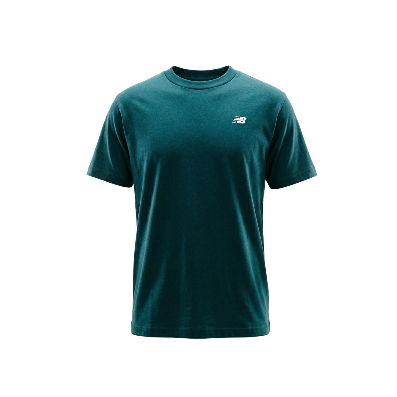 T-shirt New Balance Verde; 100% Cotone. Logo piccolo sul petto, maniche corte, girocollo. Vestibilità regular, perfetta per outfit casual e sportivi in ogni stagione. Vista stesa