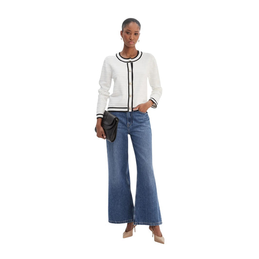 Morgan De Toi Cardigan MLIO; maglia a coste con profili bicolore e bottoni rifiniti. Un classico del guardaroba femminile, morbido e versatile. Vista frontale figura intera