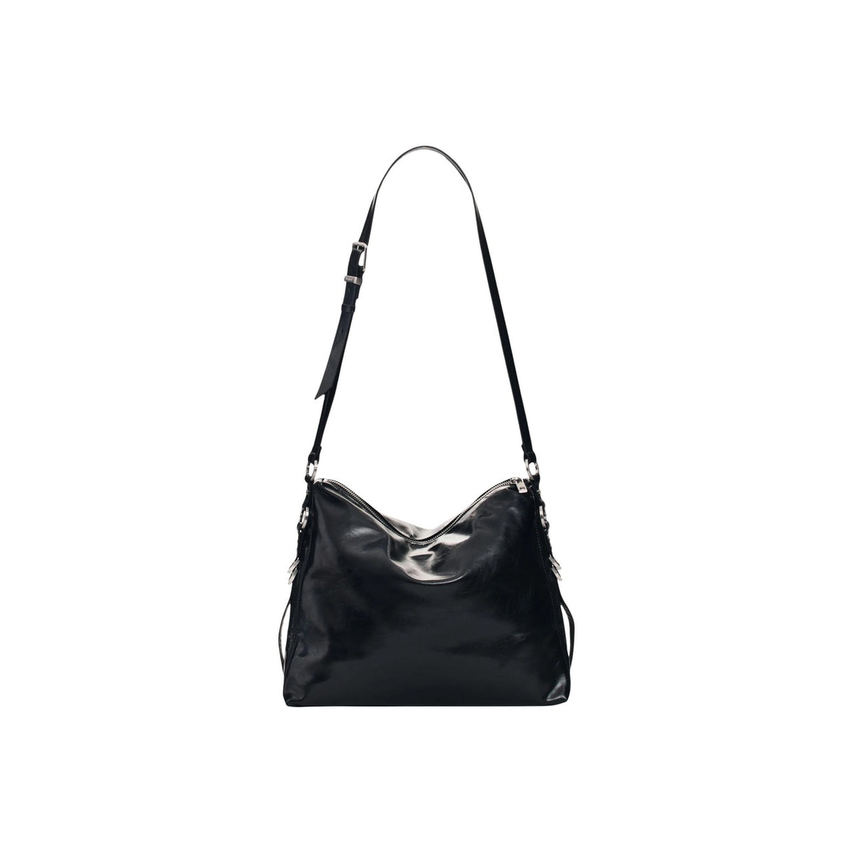 Borsa Desigual donna nera modello BAG_NEXUS LUMA. Borsa a spalla media in ecopelle nera liscia con struttura morbida, chiusura a zip e manico lungo regolabile per porto a braccio o a spalla, borsa hobo casual e versatile da giorno.