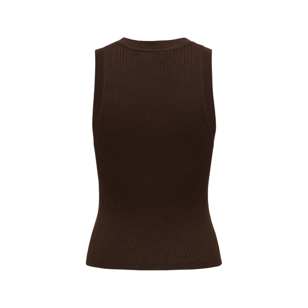 Gilet Maglia Jacqueline De Yong JDYAYA; 80% Viscosa, 20% Nylon. Scollo tondo, senza maniche, lavorazione maglia piatta. Morbido, elastico e traspirante. Modello continuativo (NOOS) Primavera/Estate. Colore marrone. Vista posteriore