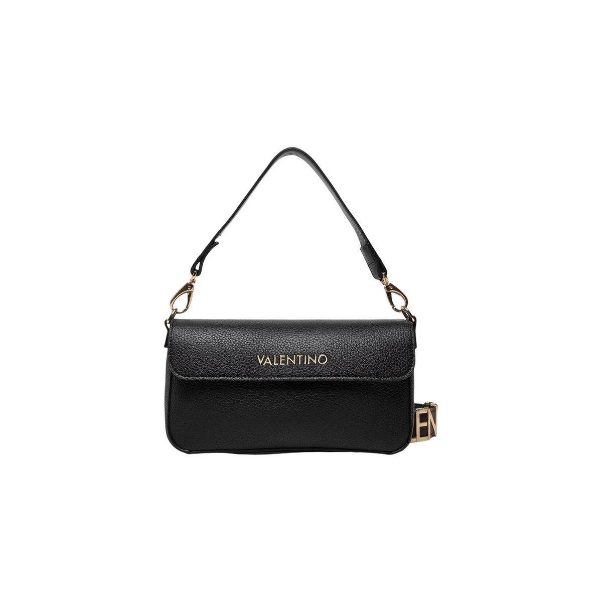 borsa nera è il modello Alexia di Valentino Bags, realizzata in poliuretano nero con chiusura a patta e logo in rilievo. Vista frontale