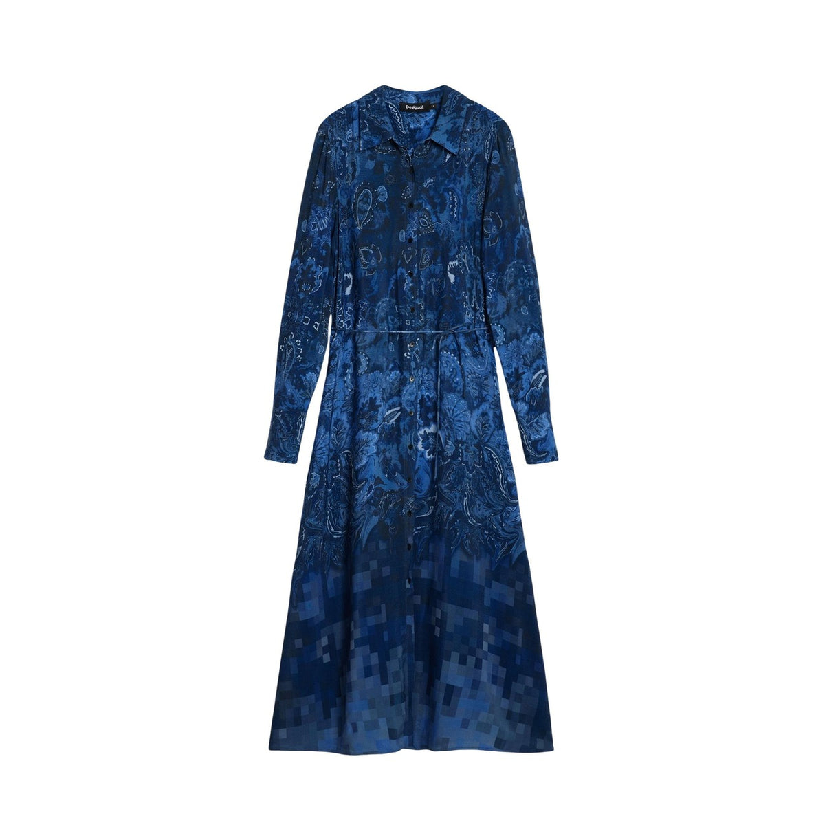 Abito camicia midi Paisley; Viscosa EcoVero™, cintura con fiocco, manica lunga. Regular fit, bottoni frontali, collezione AW25 sostenibile. Vista frontale stesa